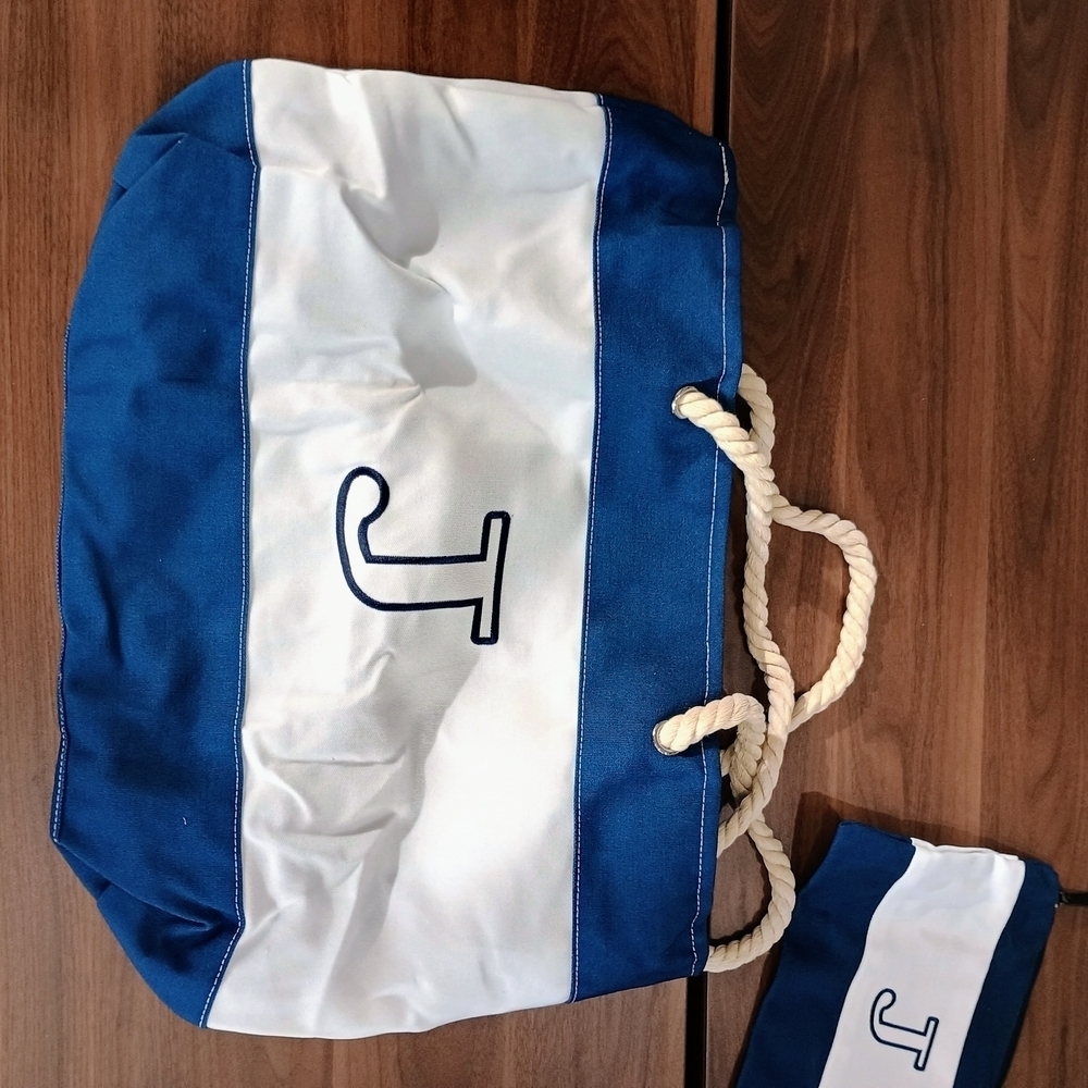 Large Blue and White Canvas Tote Bag And Matching Makeup Bag